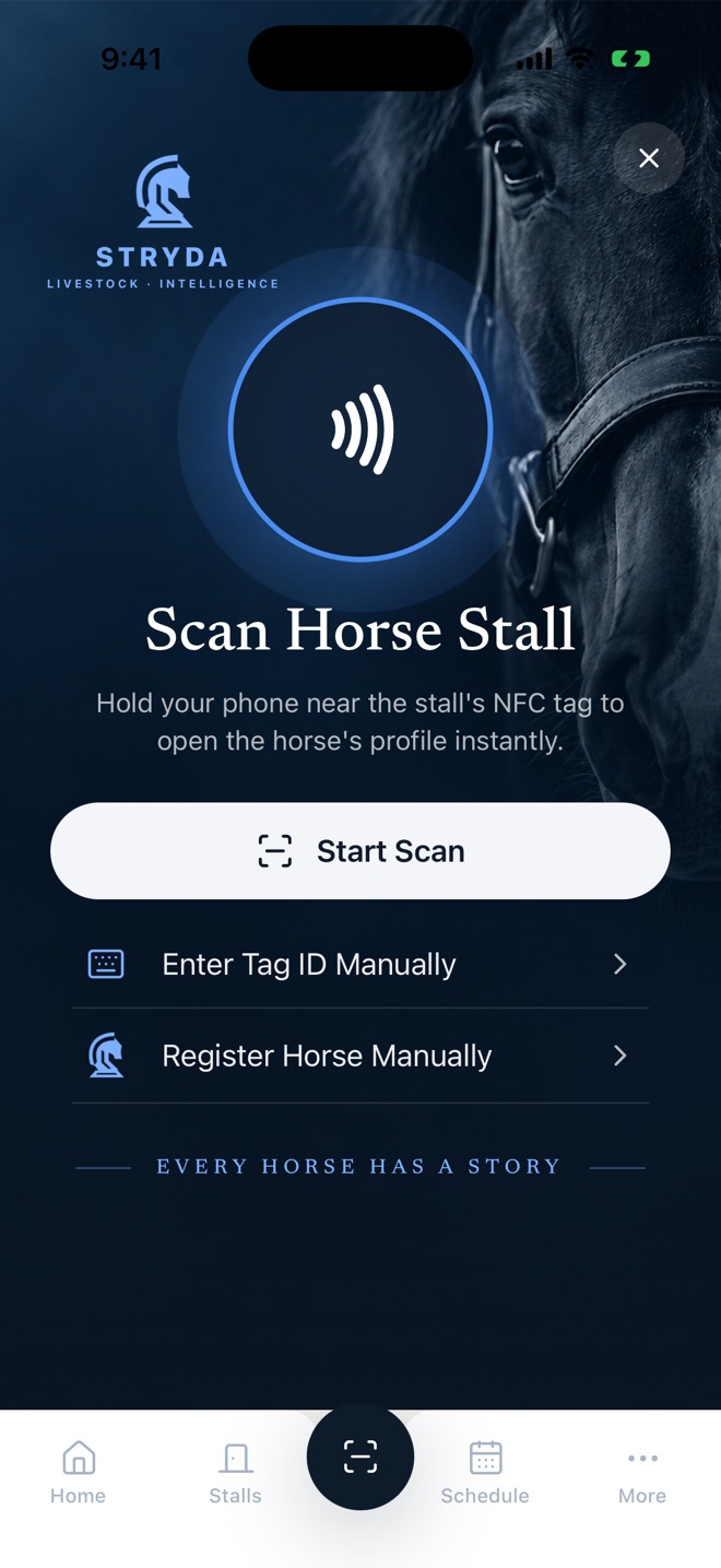 Stryda scan screen: hold your phone near the horse's NFC tag